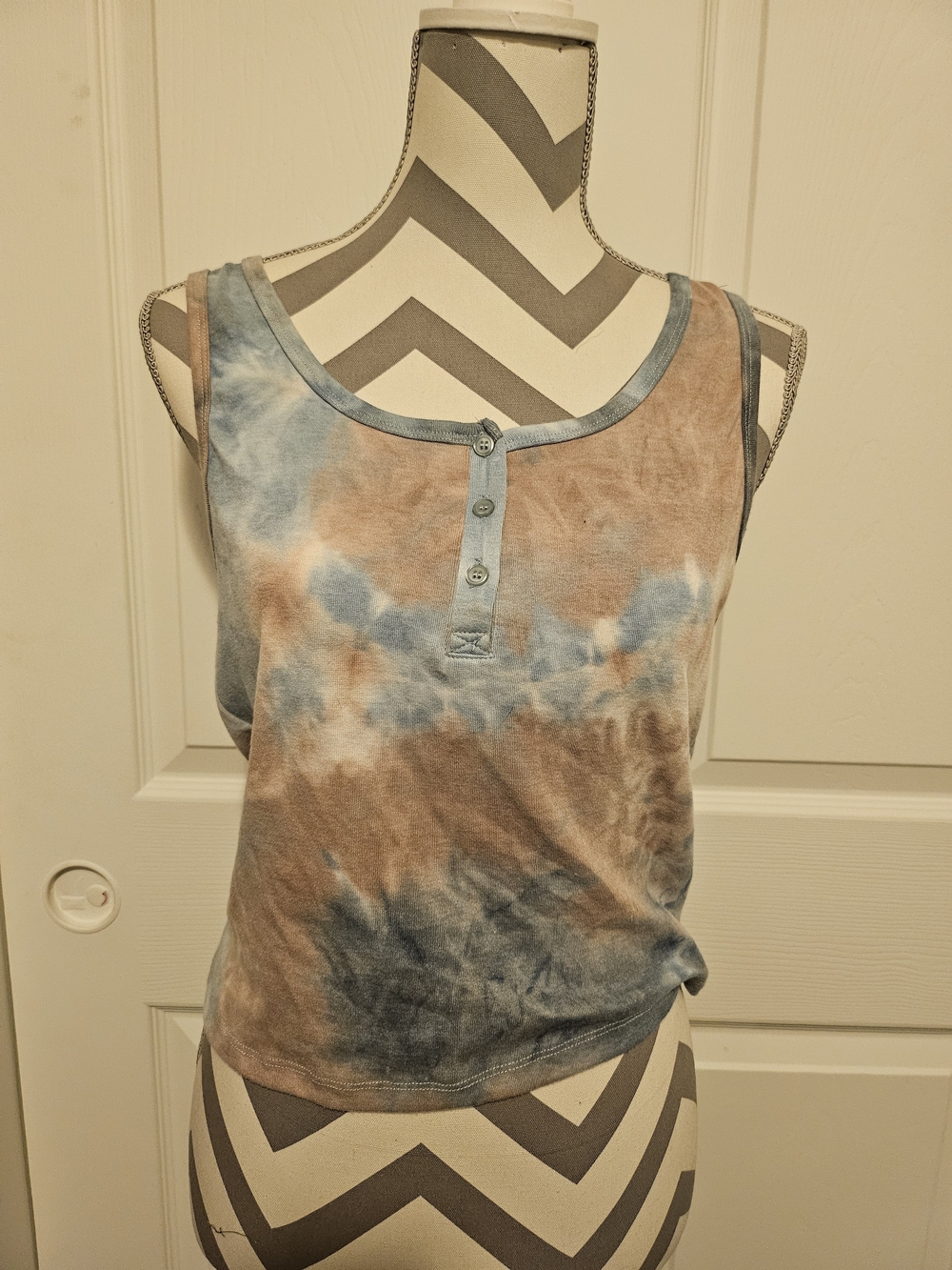 Pink Rose Blue & Brown Tie-Dye Henley Tank